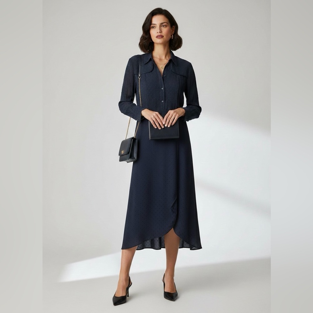 Sandro Paris Navy Swiss Dot Pleated Midi Shirt Dress Scallop Yoke 12